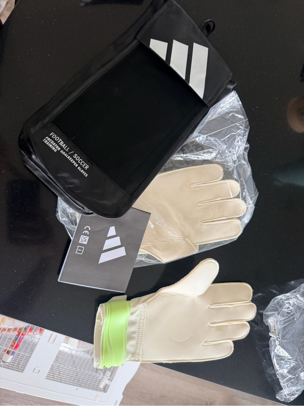 adidas Cream Goalkeeper Gloves with Neon Green Wrist Strap and Black Pouch